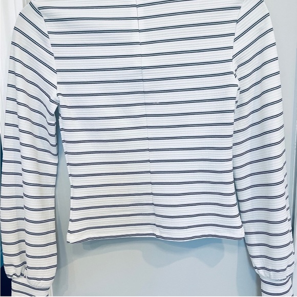 Dynamite White and Black Striped High Neck Puffed Sleeve Top - Picture 6 of 10